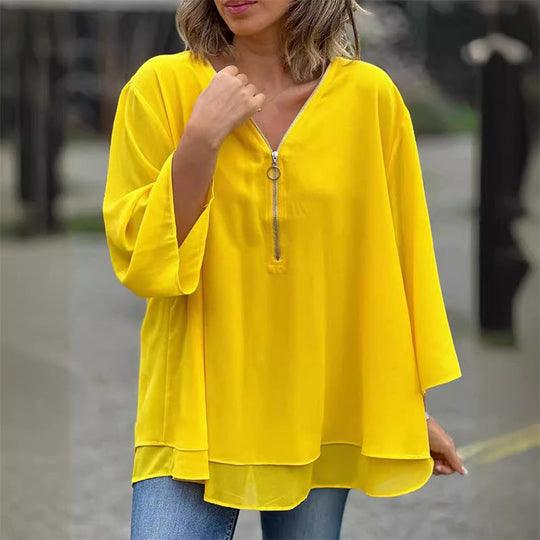 Kate - Chiffon Zipper Top With V-neck