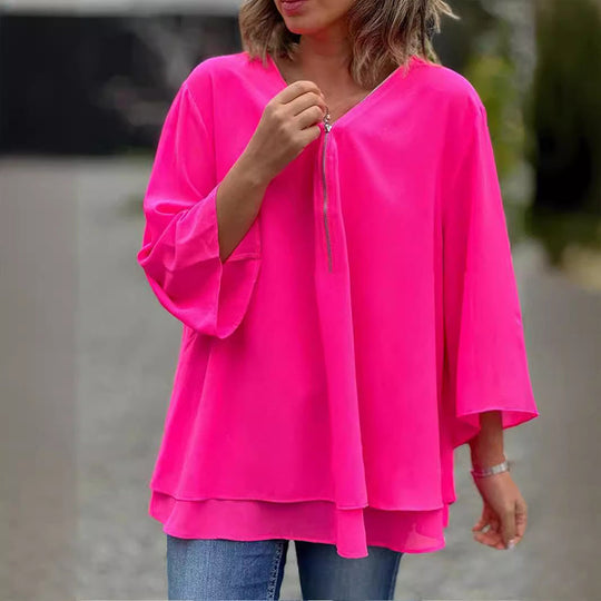 Kate - Chiffon Zipper Top With V-neck