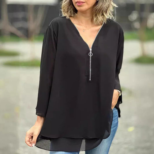 Kate - Chiffon Zipper Top With V-neck