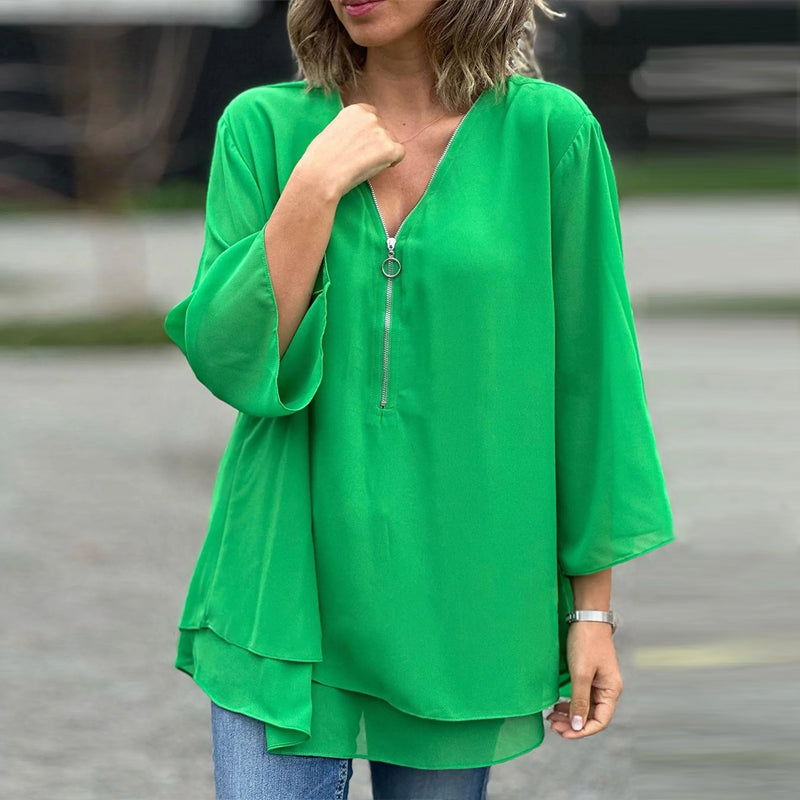 Kate - Chiffon Zipper Top With V-neck