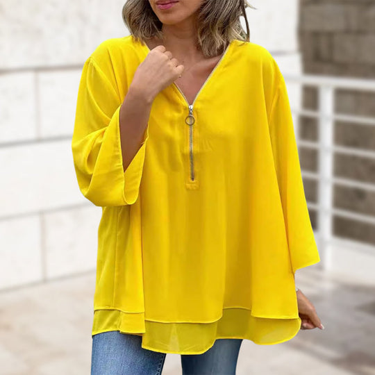 Kate - Chiffon Zipper Top With V-neck