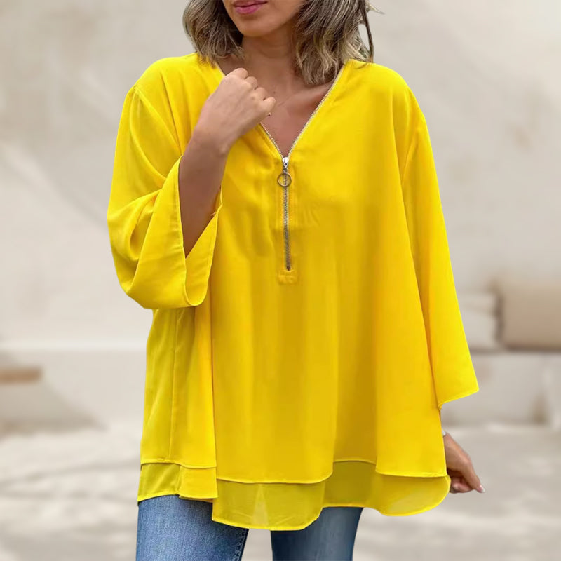 Kate - Chiffon Zipper Top With V-neck