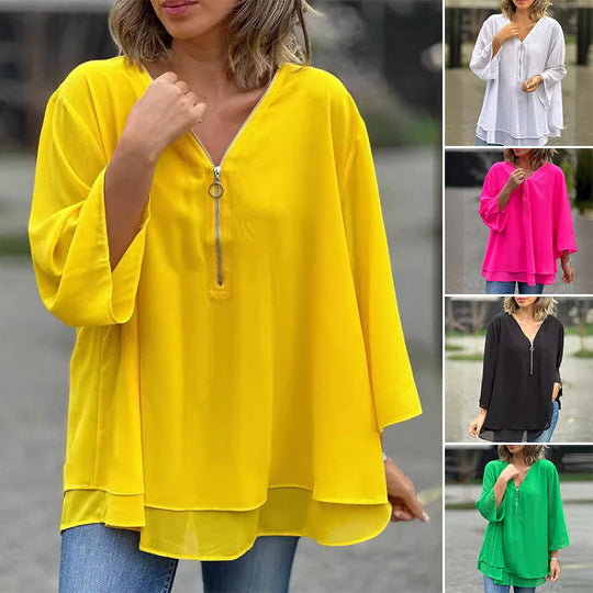 Kate - Chiffon Zipper Top With V-neck