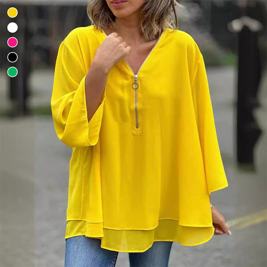 Kate - Chiffon Zipper Top With V-neck