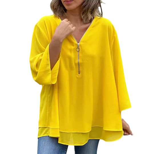 Kate - Chiffon Zipper Top With V-neck